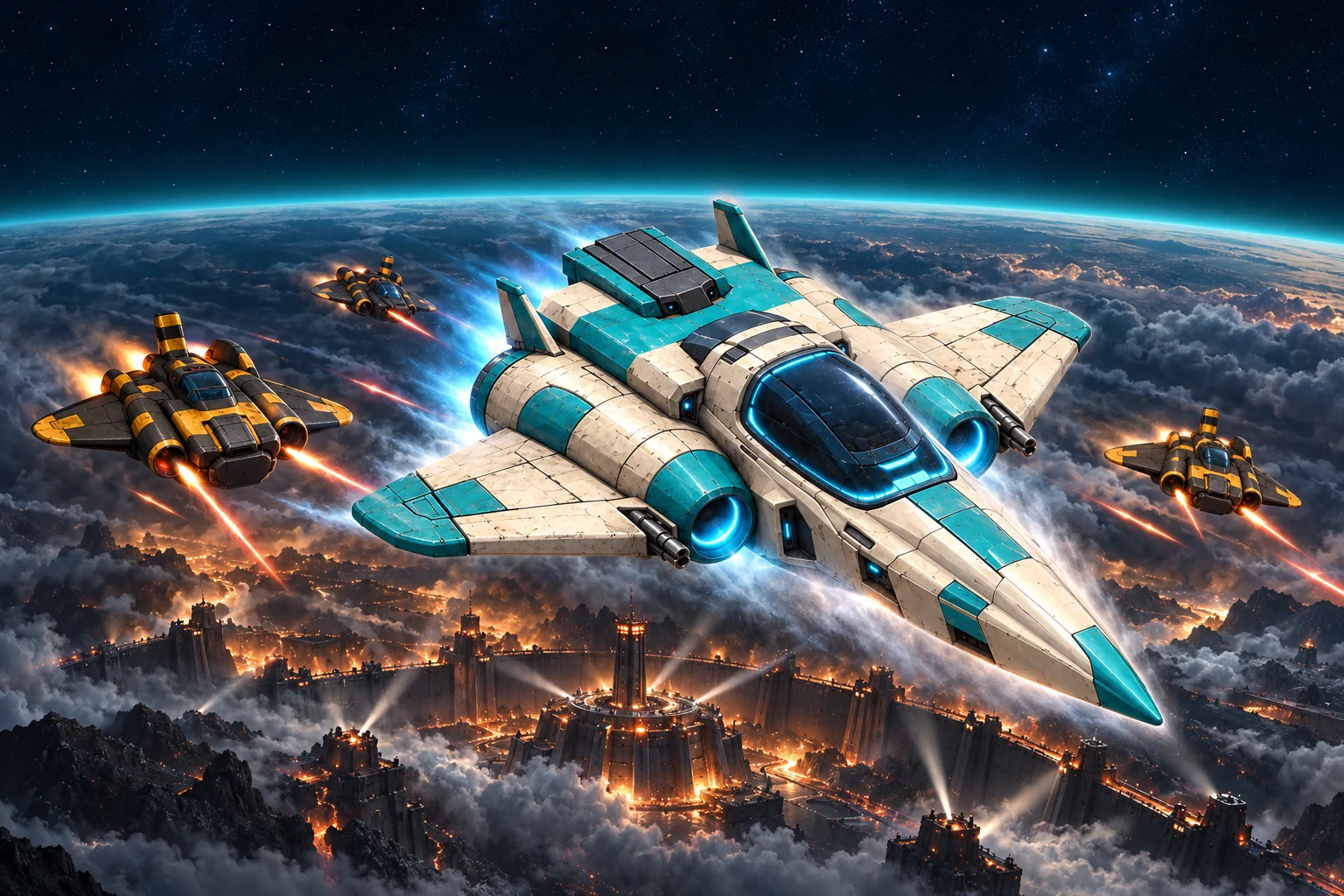 A turquoise fighter escapes above the clouds as enemy ships pursue it over a prison planet.