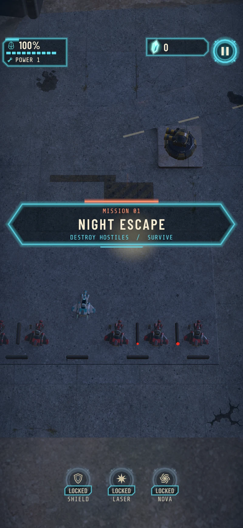 Night mission gameplay: the stolen fighter flies above the illuminated prison complex.