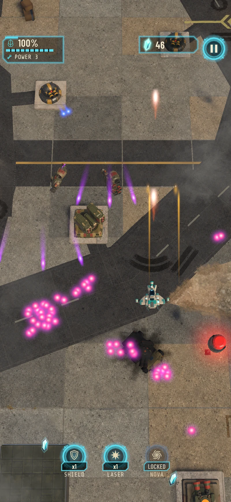 Spaceport mission gameplay: the fighter battles through the port's industrial defences.