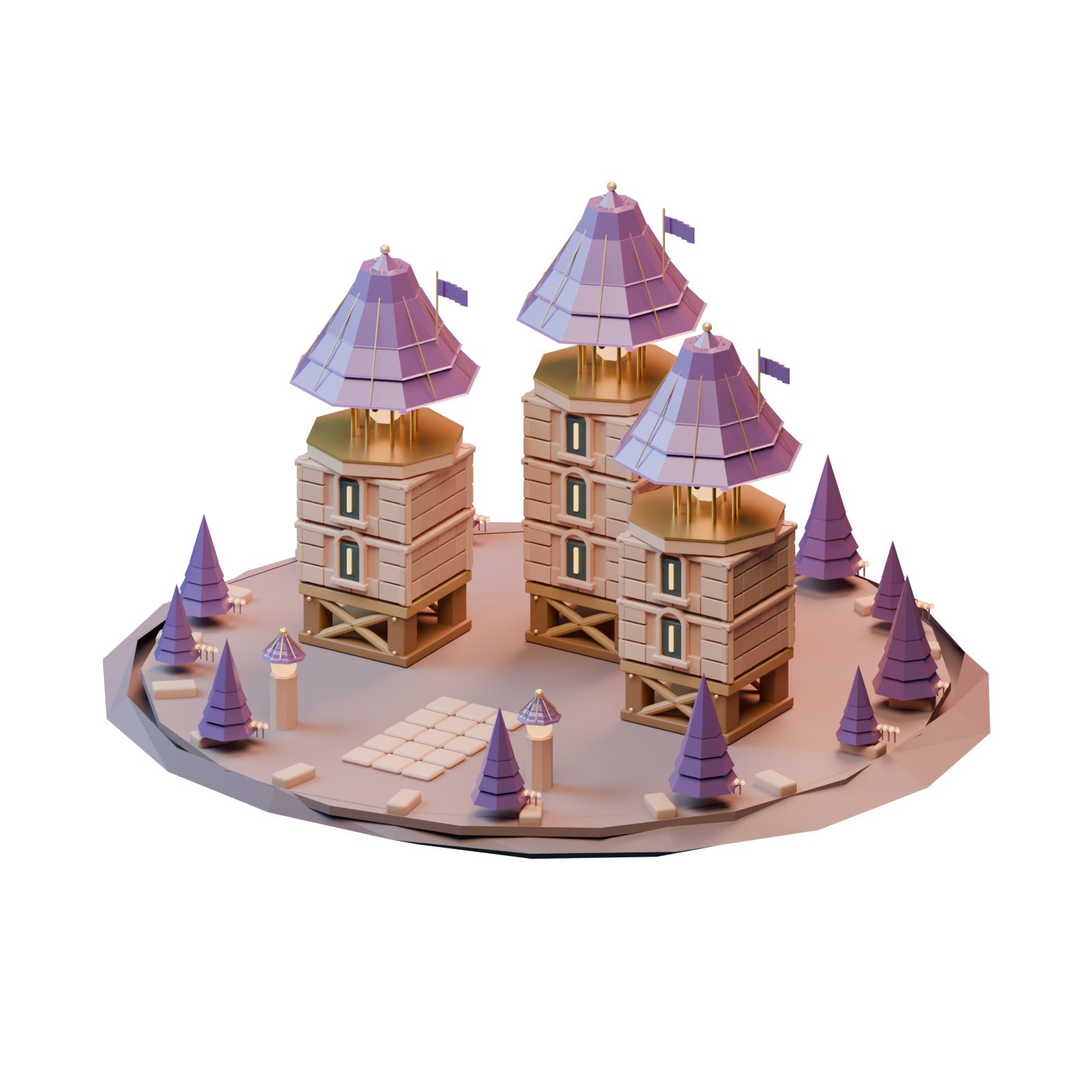 Three miniature lantern towers with lavender roofs, golden lights and tiny trees on an island