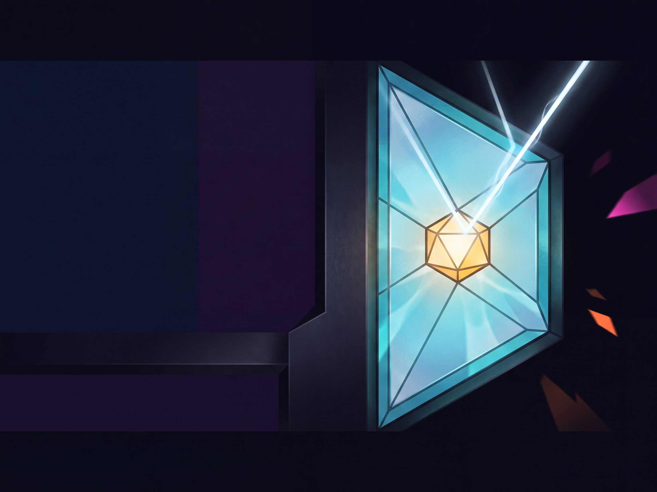 Glowing golden core surrounded by angular cyan glass and a dark crystalline arena