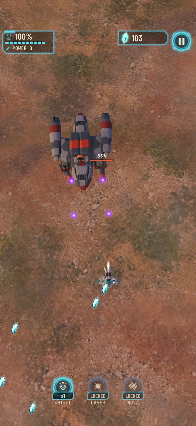 Aerolith plateau encounter with a large enemy ship, purple projectiles and the player's turquoise fighter.
